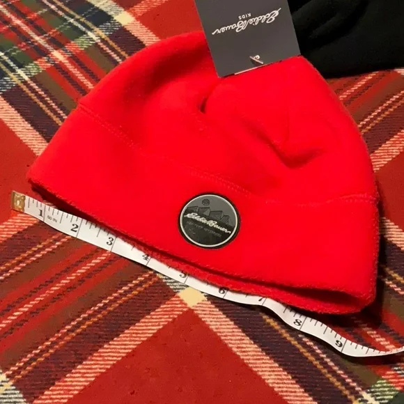 EDDIE BAUER sz M/L Hats Kids Fleece Winter 2 Piece Set Red Black NWT - Picture 6 of 7
